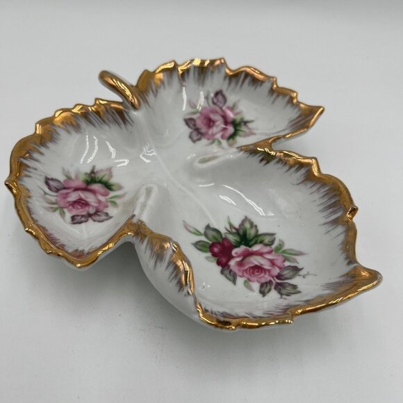 Lefton Leaf Shaped Candy Dish with Hand Painted Roses and Gilt Edge - Picture 1 of 12